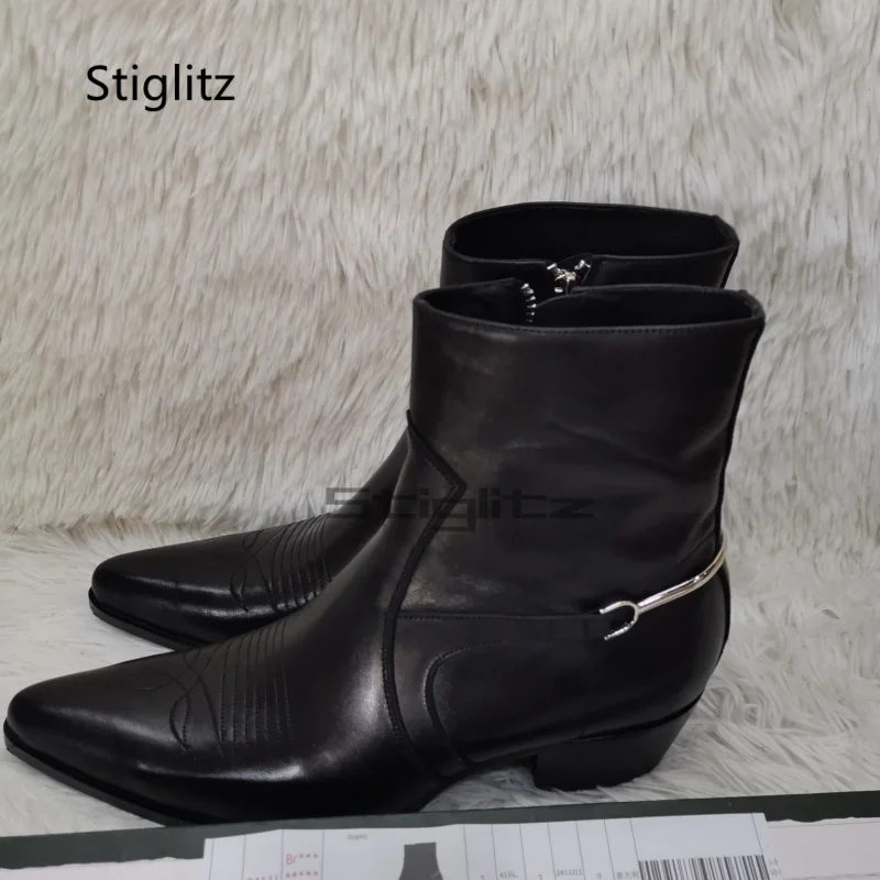 Genuine Leather Embroidery Men's Boots Pointy Chelsea Boots Snakeskin Metal Decor Chunky Heeled Ankle Boots Party Male Shoes