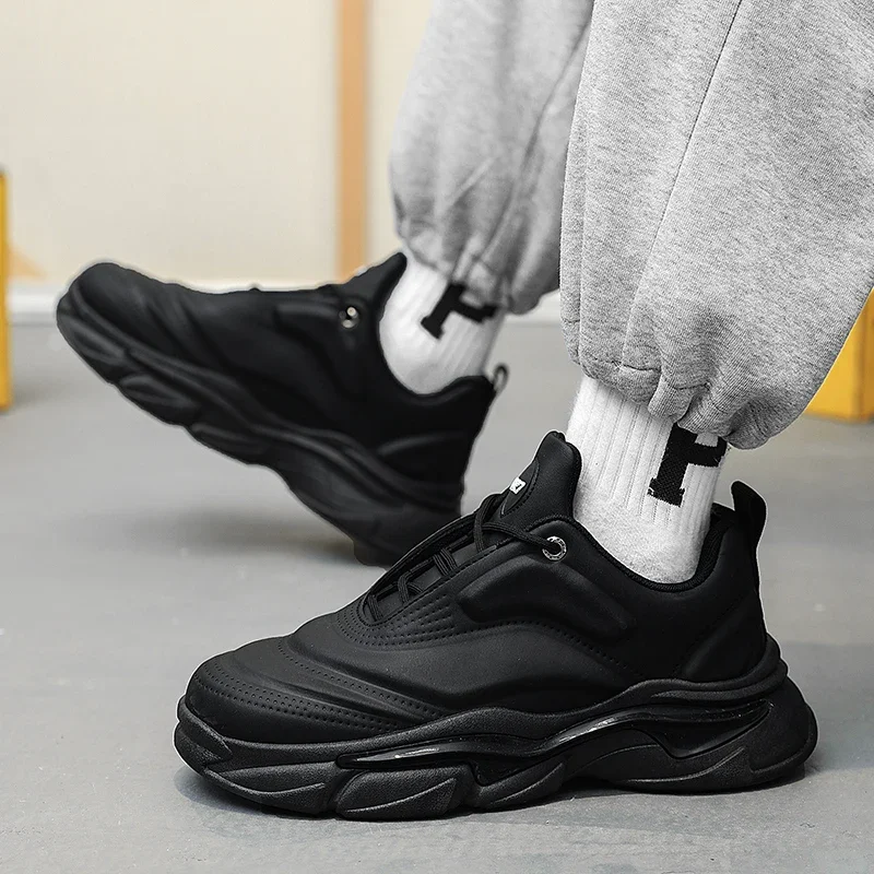 

Высококачественные повседневные мужские кроссовки, Весенняя черная модная спортивная обувь на толстой подошве со шнуровкой, искусственная дышащая обувь