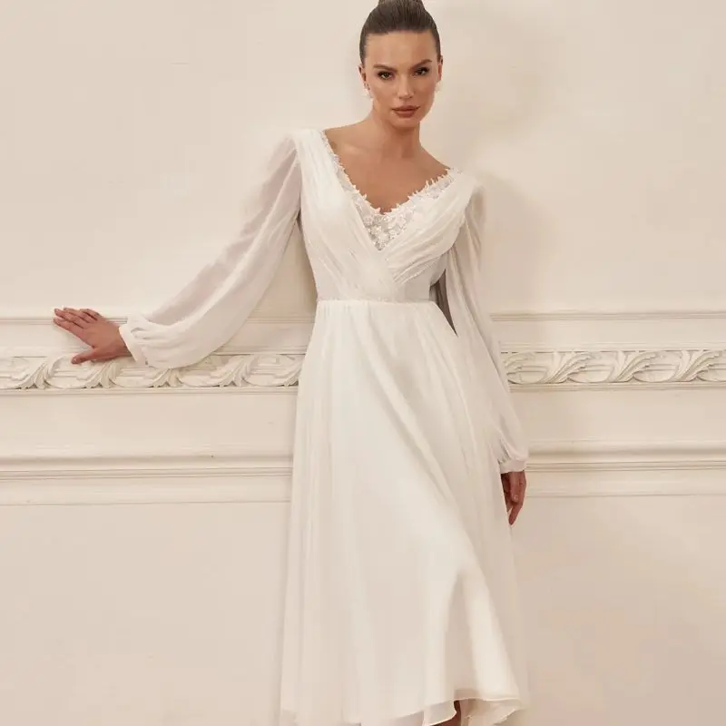 

Simple Wedding Dress Chiffon Lace V-Neck Long Puff Sleeve Backless Robe De Mariee Customize To measures Bridal Gowns Simple