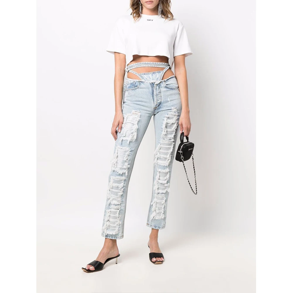 

Women's Jeans New Congregation Fashion Hot Diamonds Exposed Waist Straps Burlap Ripped Holes Washed Old Stylish Trending Denim