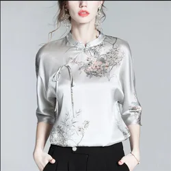 Vintage Pullover Shirt Ladies Blouses National Style Summer Half Sleeve Top  Retro Button Strap Print High-grade Women's Blouses