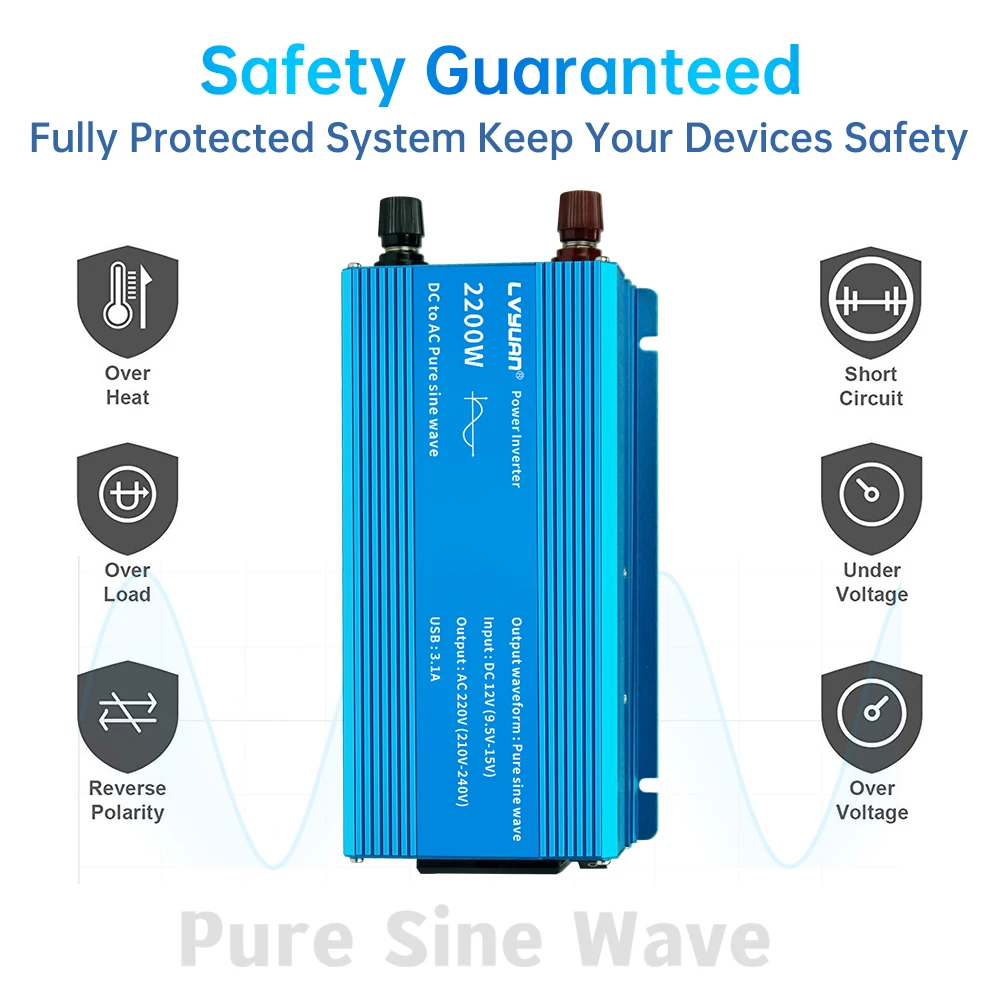 Car Converter 12V/24V To 220V Pure Sine Wave 1000W/1500W/2200W Solar Energy Battery Voltage Transformer 50Hz