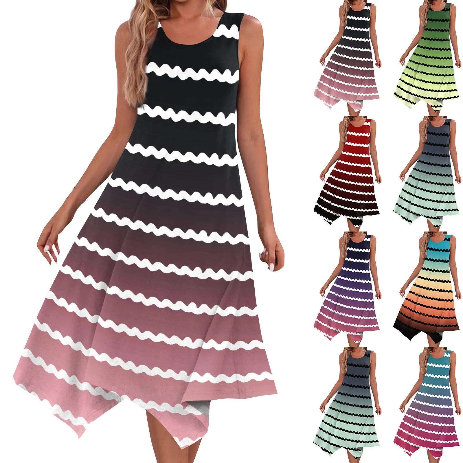 

Women's Casual Fashion Dresses Round Neck Sleeveless Printed Irregular Hem Midi Dress Elegant Temperament Dress vestido