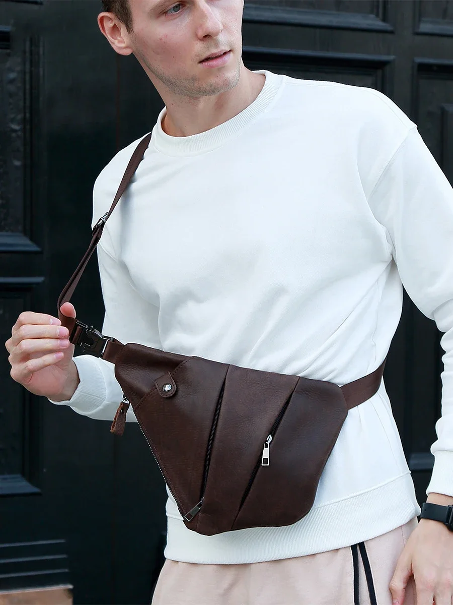 Men's Real Leather Crossbody Chest Bag for Summer Outdoor Sports
