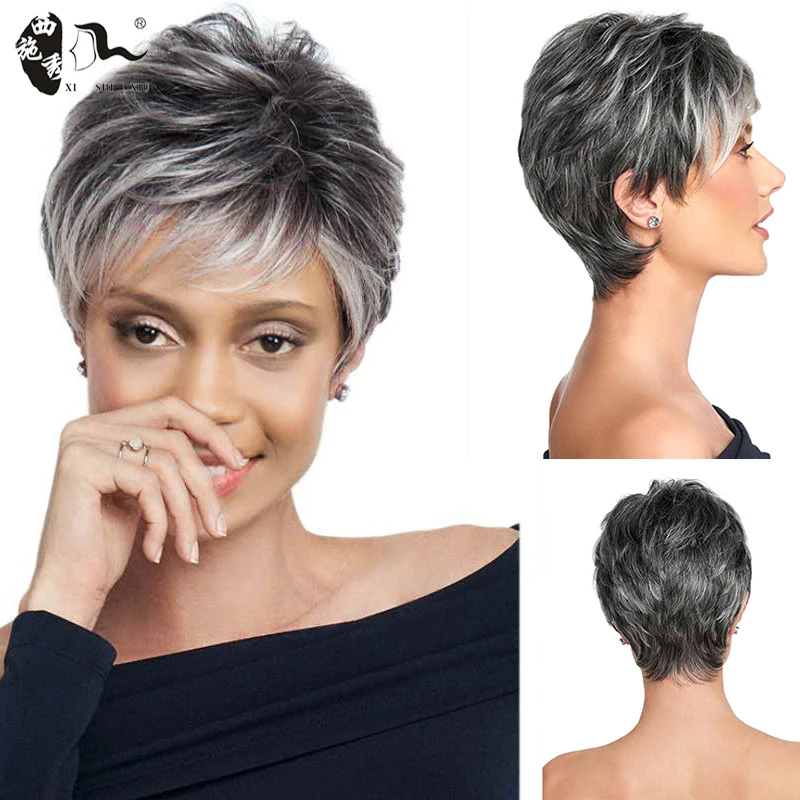 Short Mixed Gray Pixie Cut Synthetic Wig With Bangs For Women Soft Natural Straight Wave Fake Hair For Chemo Patient Mommy Wigs fashion mommy and baby cotton round ball flower hat women caps girls newborn turban knot kids adult headwear hair accessories