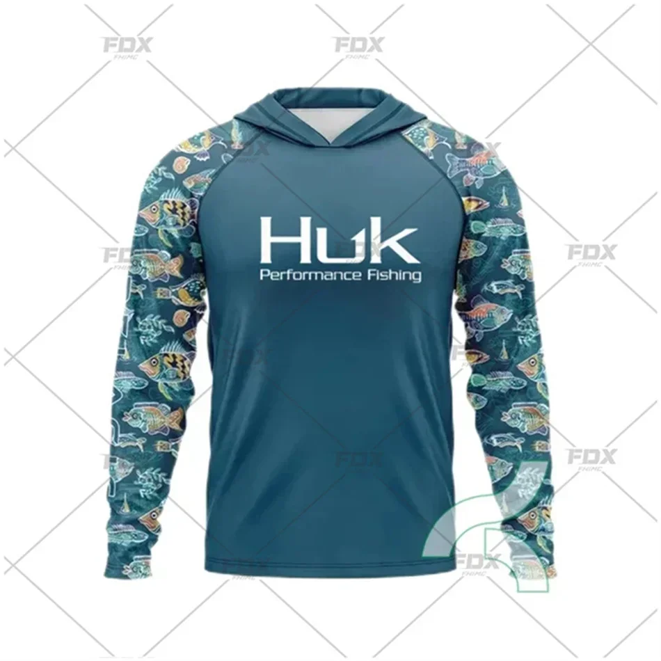 HUK Men's Camouflage Fishing Shirt with Hood Outdoor Sun Protection Breathable Anti-UV Fishing Clothes T-shirt Ropa De Pesca