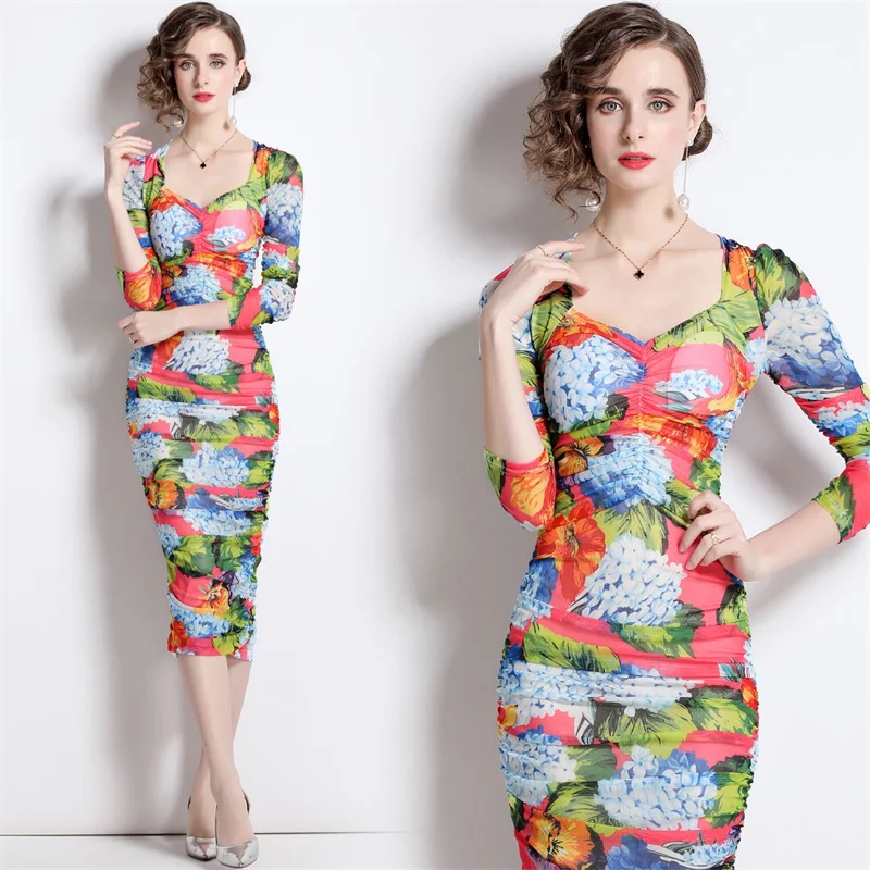 

Glam Trendy Multi Color Flower Printrd Summer Office Lady Dress Elastic Ruched Gauze Slim Waist Package Hip Sexy Casual Vestido