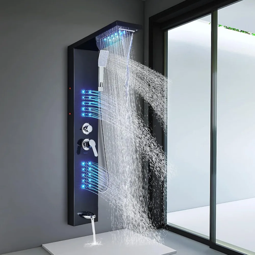 Shower Panel Tower System with LED Rainfall Waterfall Head LED Full Body Jets System Handheld Shower Tub Spout Temperature