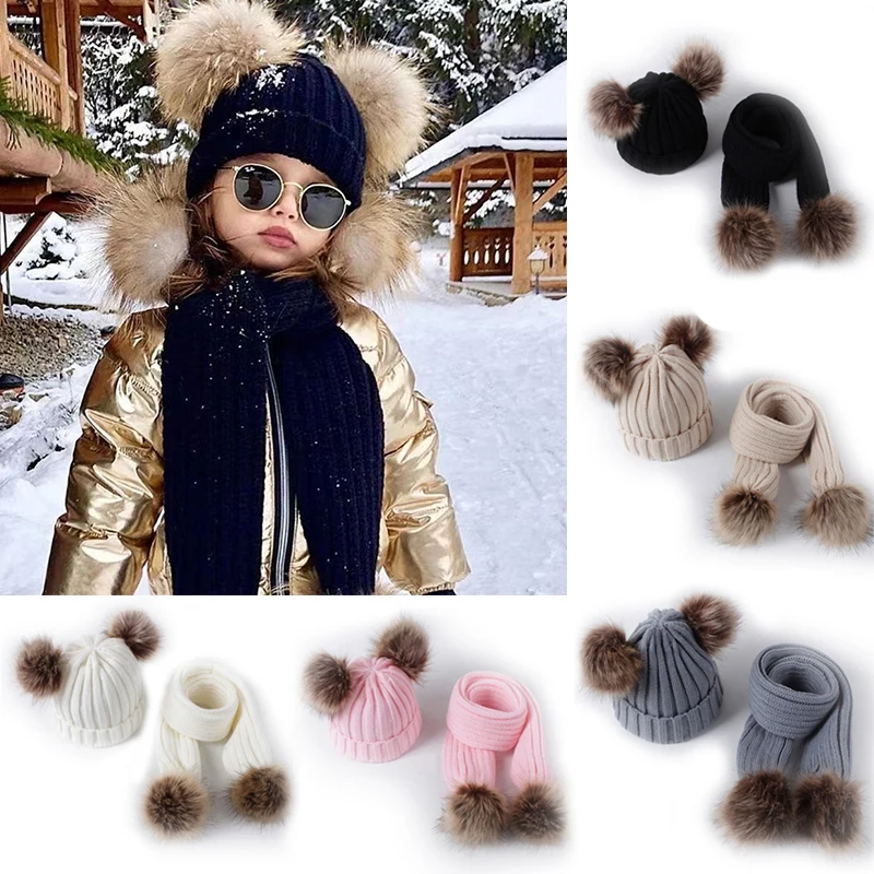 

2pcs/set Winter Knitted Children Beanie Cap Scarf Set Kids Pompom Hat Scarf Suit Outdoor Thick Warm Accessories For 1-3Years