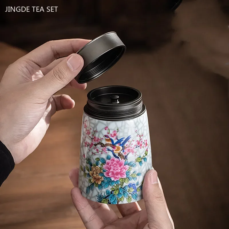250ml Exquisite Ceramic Tea Tin Aluminum Lid Sealed Jar Enamel Color Tea Box Travel Portable Moisture-proof Coffee Container