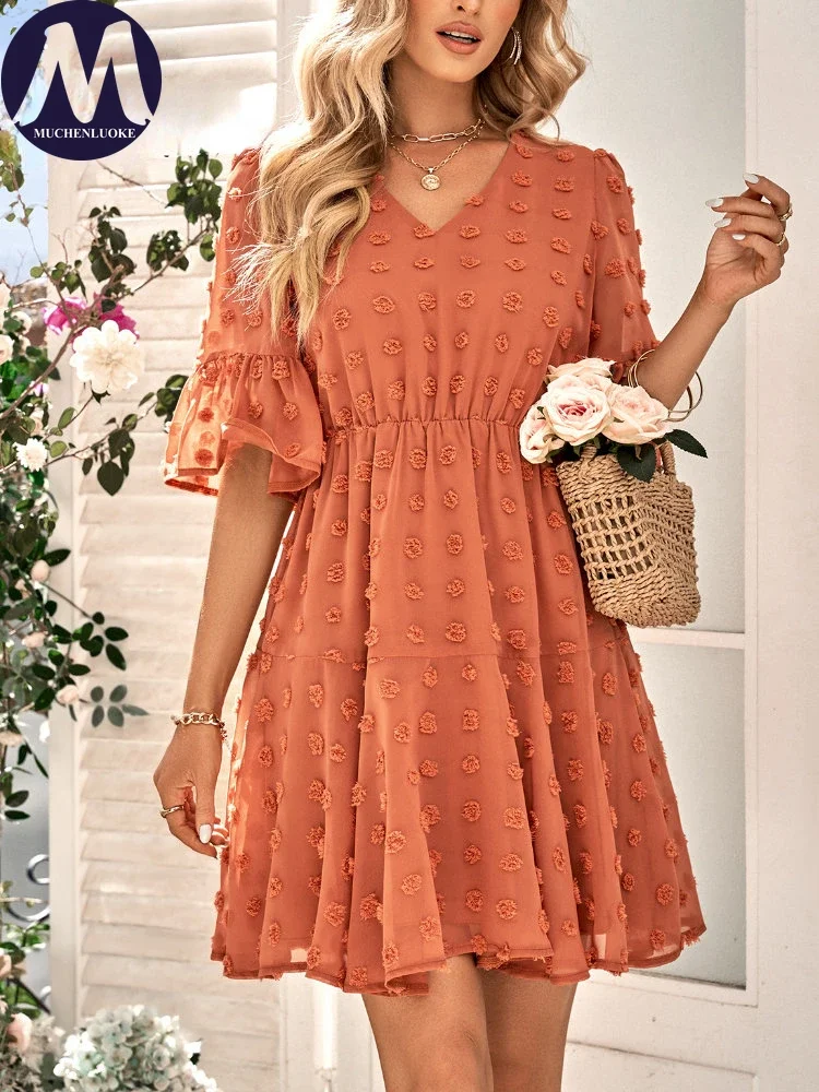 

Elegant and Pretty Women's Dresses 2024 Summer New Flare Sleeve V Neck Short Skirt Fashion Sexy Holiday Beach Women A Line Dress