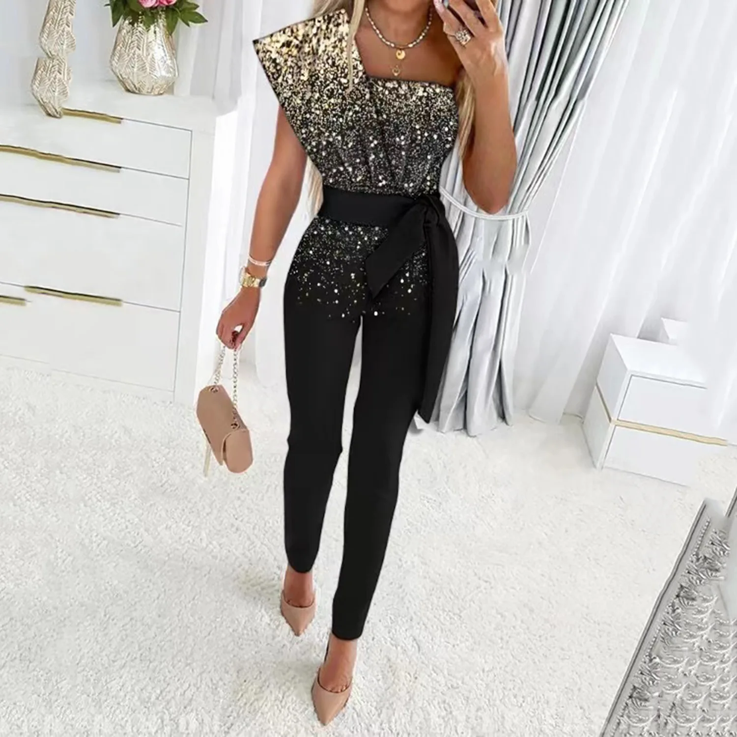 цена Women's Jumpsuit 2023 Summer New Sleeveless Stitching Solid Color Slim Belt Decorated Sequin Jumpsuit Female