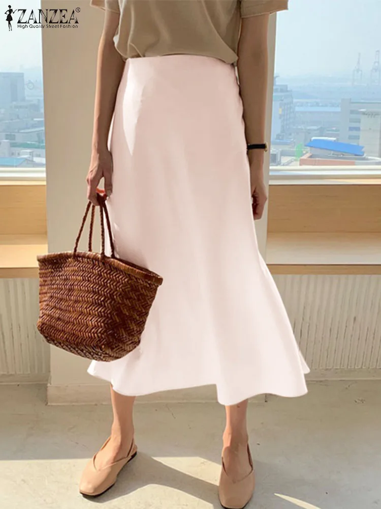 

ZANZEA Summer Fashion Satin Skirts Women Elegant Solid Color Skirt Vintage Jupe Female Casual Party Ofice Dress Oversized 2023