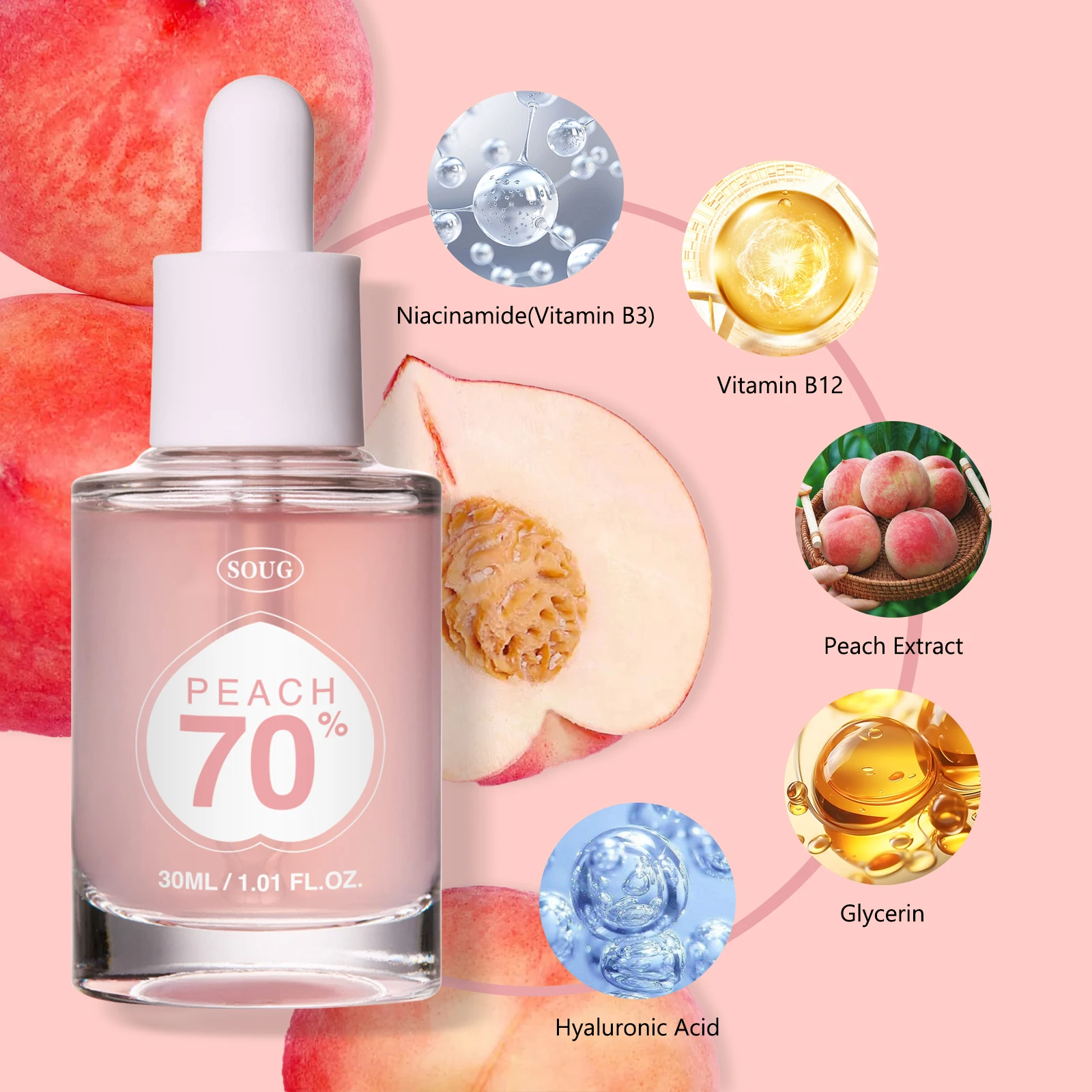 Peach 70% Niacinamide Serum Moisturizing Prevent Dryness Facial Essential Oil Increasing Elasticity Smooth Soften Skin Care 30ml 3