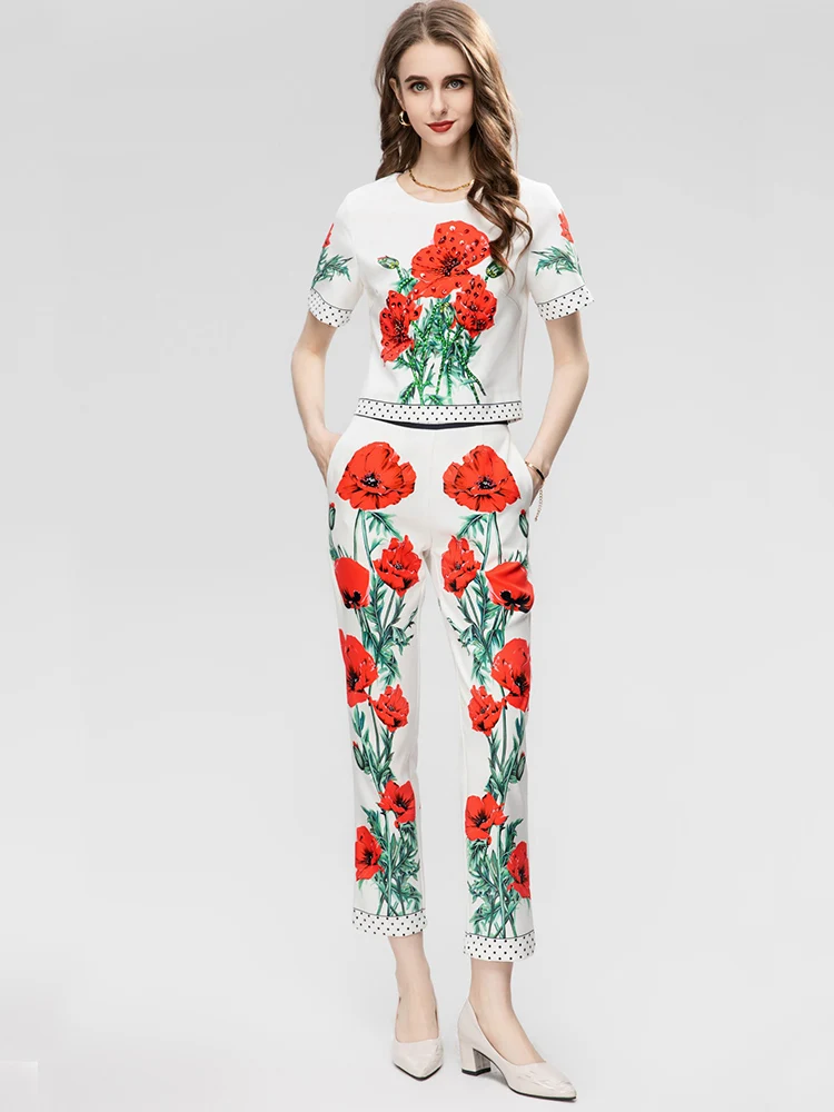 

Sweets Women Two Piece Set Summer Casual Red Flower Printing Sequins and Beading T-shirt+Trousers Elegant Pants Suit