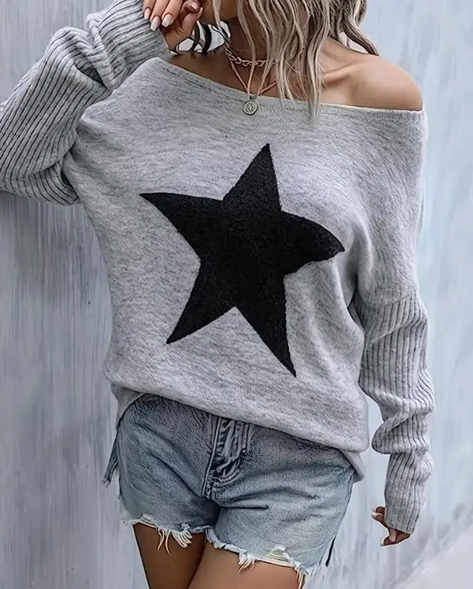 

2023 Winter New Fashion Contrast Sweater Star Pattern Round Neck Casual Top
