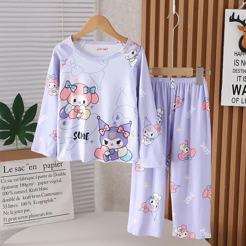 Anime Sanrio Pochacco Cinnamoroll Kuromi Children Loungewear My Melody Spring Autumn Long Sleeve Round Neck Girls Nightwear Set 3