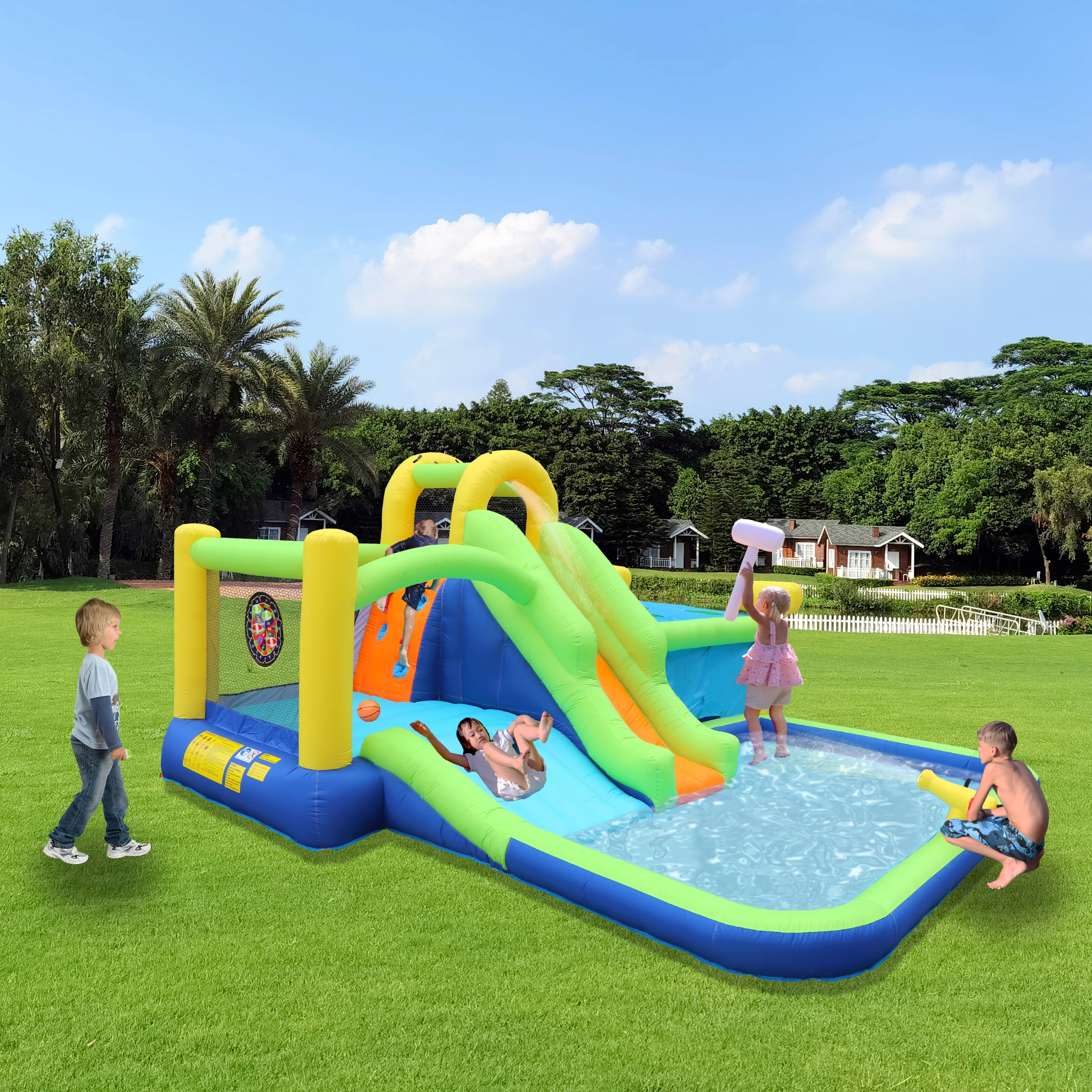 7 in1 Inflatable slide water park bouncing house outdoor garden bouncer with Whack a mole games & Splash pool & Target games & W 2