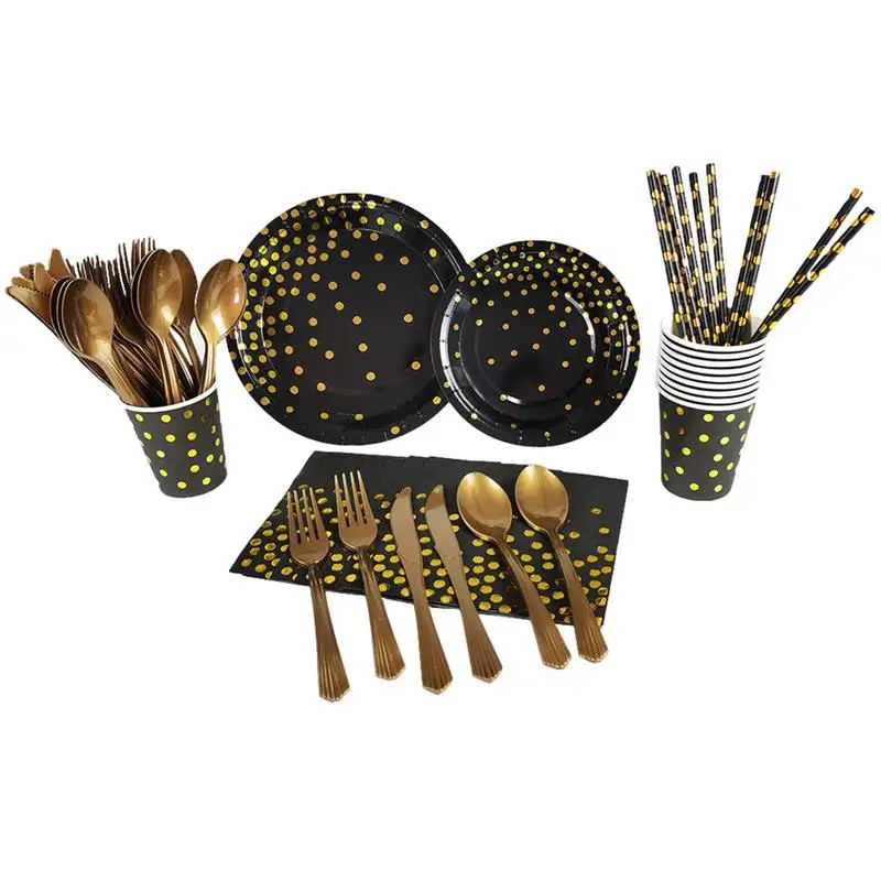 

Paper Tableware Set Reception Dinnerware Set Portable Paper Plate Set With Gold Foil Polka Dot Pattern For Party Camping Birthda