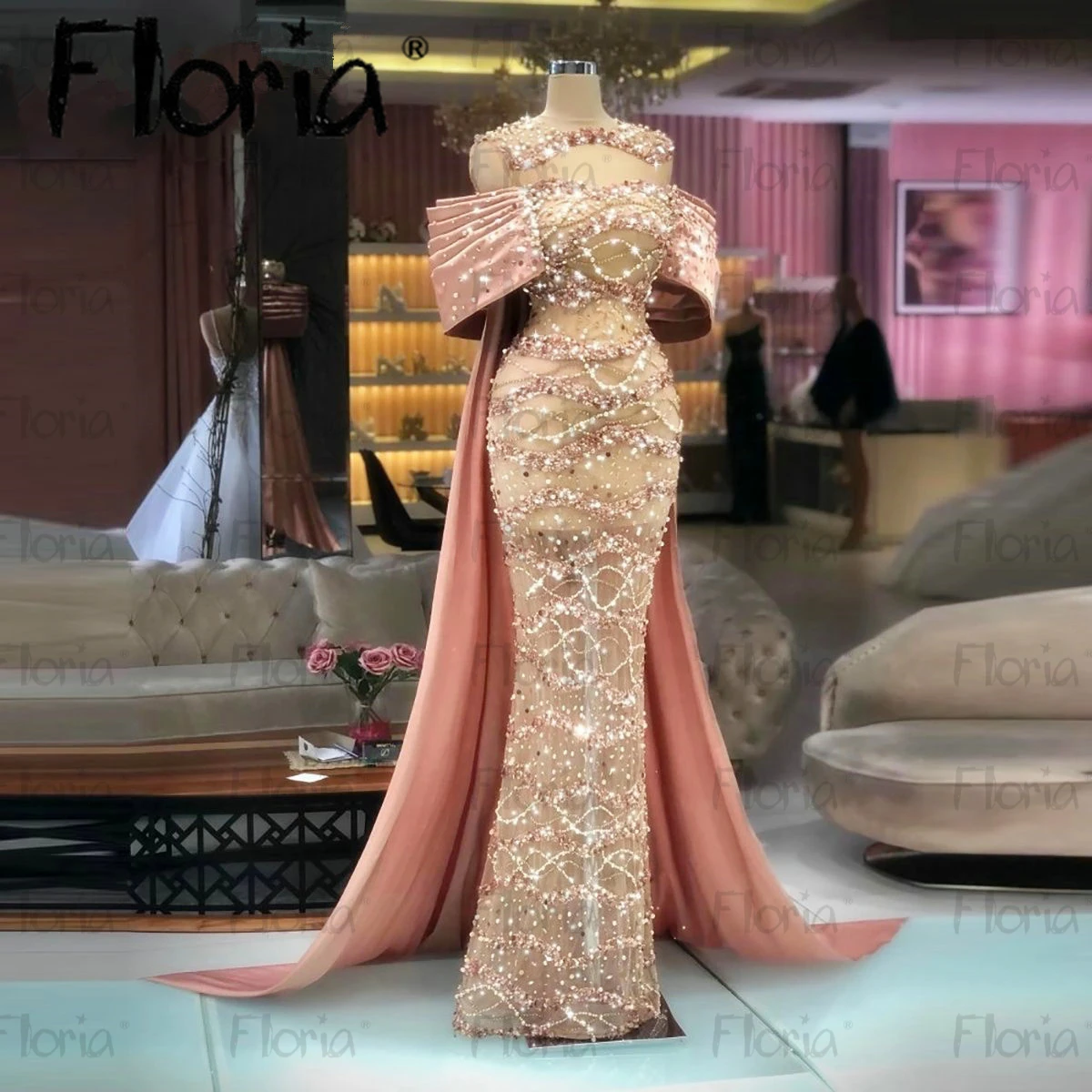 

Luxury Beading Off Shoulder Mermaid Long Evening Dress with Cape Dubai Robe de Mariée African Formal Prom Party Gowns Plus Size