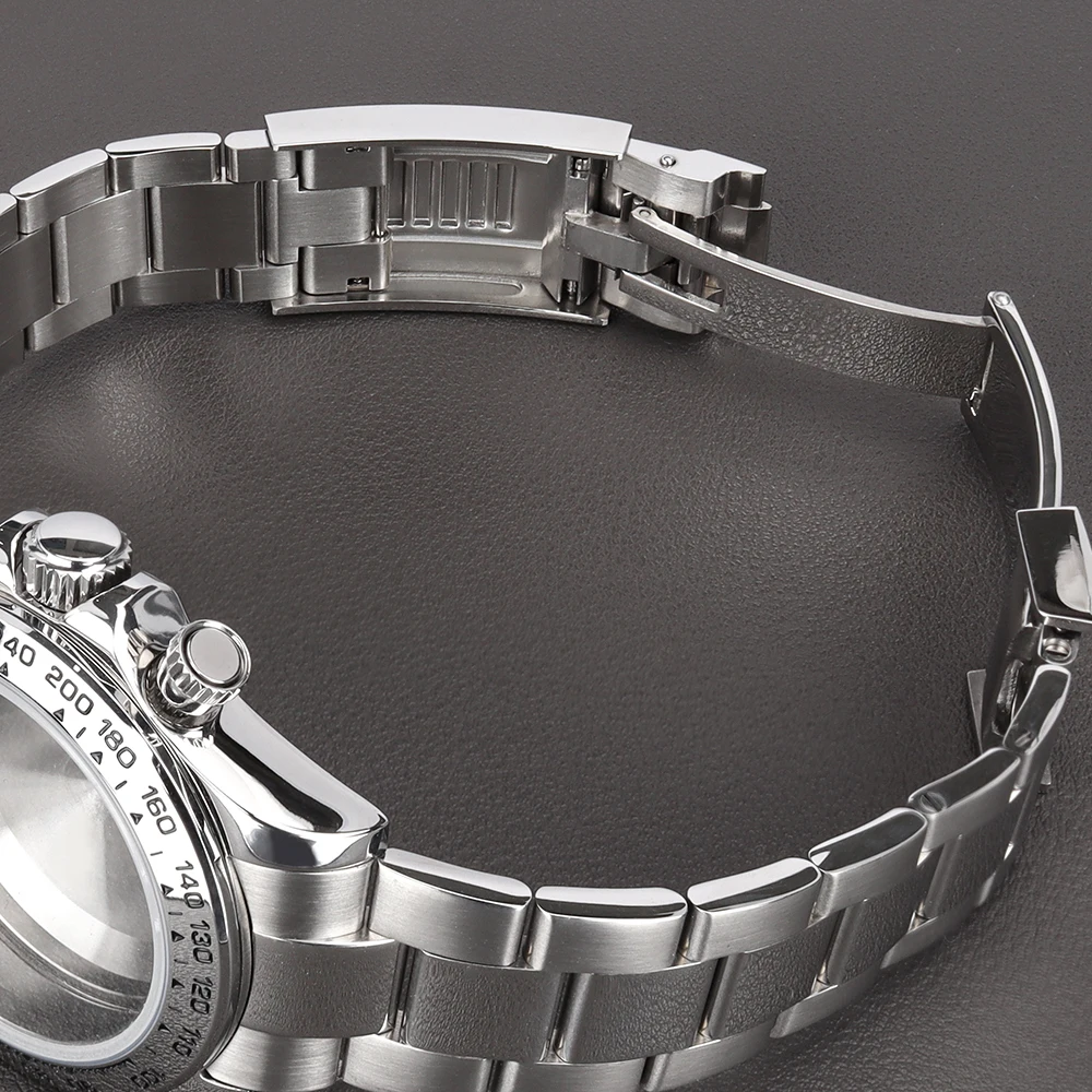 Saphirglas, 39 mm, silberfarben, VK63-Uhrengehäuse, Armband für 29 mm Zifferblatt, passend für VK63-Quarzwerk, Edelstahl, Feineinstellungs-Schiebeverschluss – Detail 8