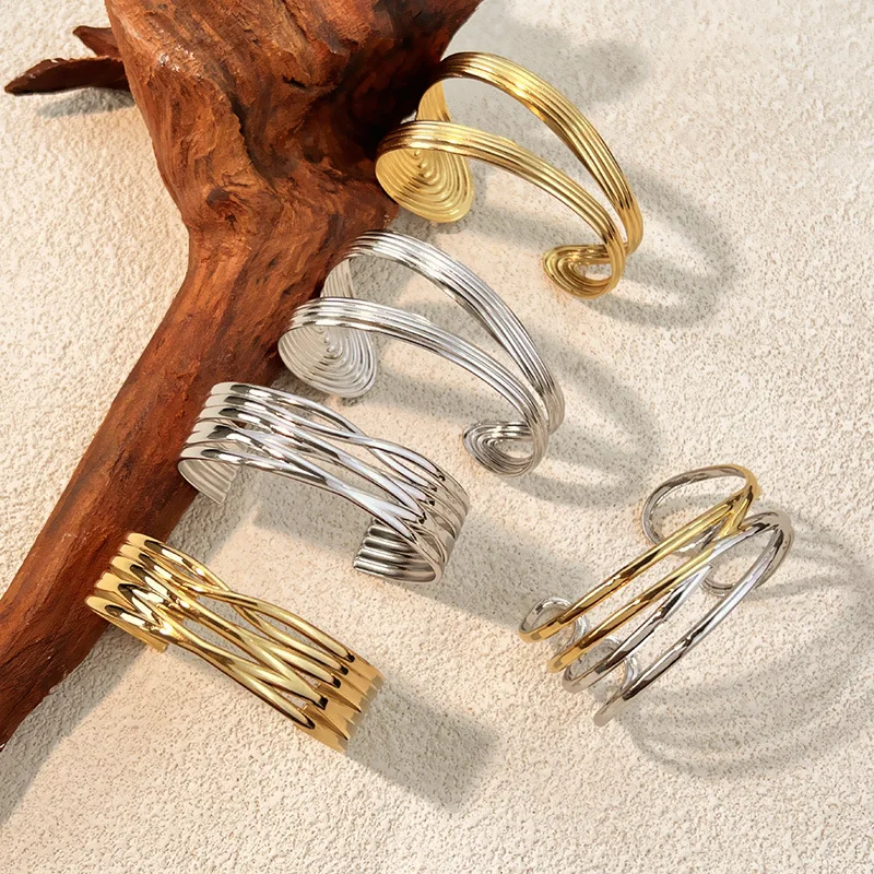 New Stainless Steel Hollow Geometric Cuff Open Minimalist Bracelet Bangle Multi Layer Striped Statement Waterproof Wrist Jewelry