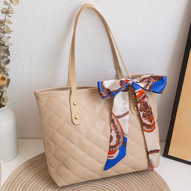 Large Capacity Lingge Embroidery Bag New Trendy Simple Scarf Tote Bag One Shoulder Bucket Bag Bags for Women