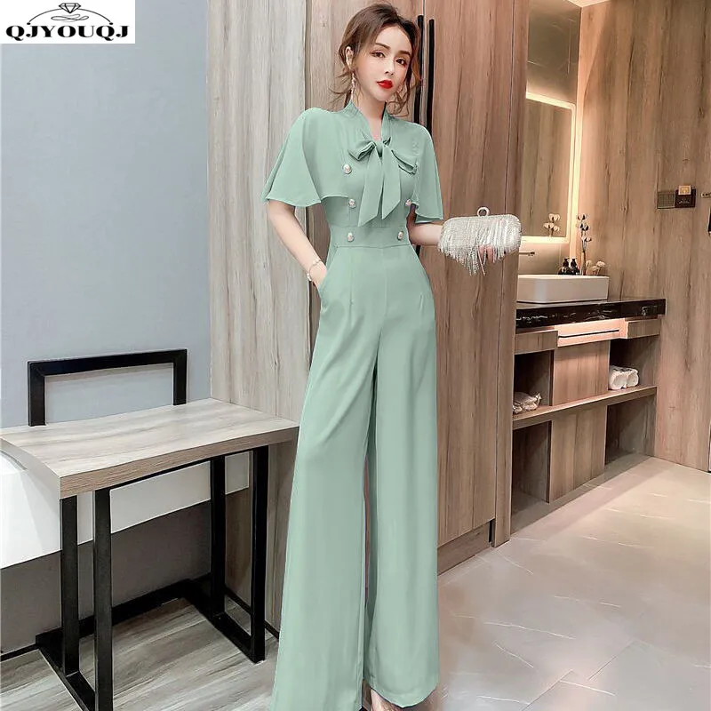 Celebrity Temperament High Waisted and Slim Chiffon Wide Leg Pants 2024 Summer New Double Breasted Jumpsuit for Women women mid skirt 2024 spring summer sexy slim colorful sequin long sleeved tight fitting v neck jumpsuit buttocks commuting style