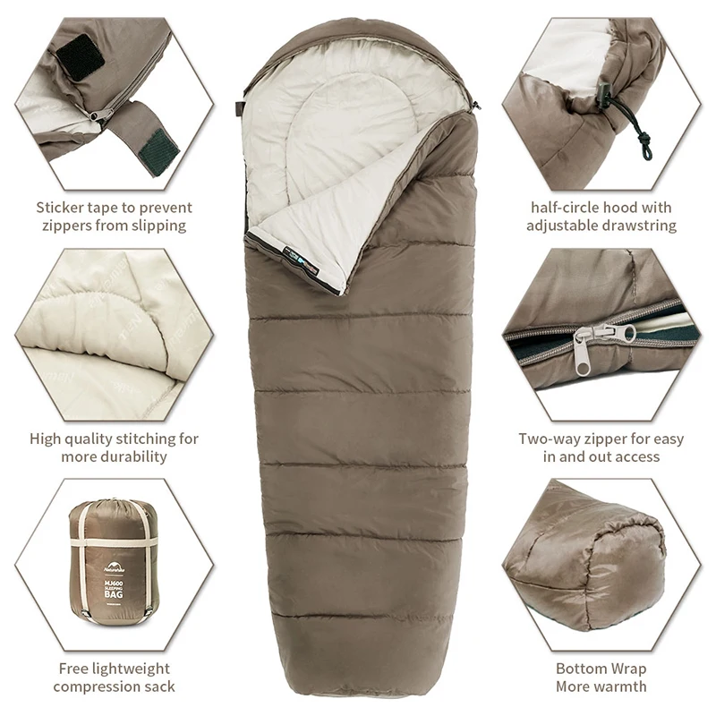 Naturehike-leve múmia saco de dormir, inverno ao ar livre Camping saco de algodão, MJ300 -1 ℃, MJ600 -12 ℃