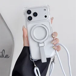 Versatile Crossbody Lanyard Phone Case with Soft Wrist Strap and Magnetic Stand - Clear Acrylic Armor Cover - iPhone 12 Pro Max (White)
