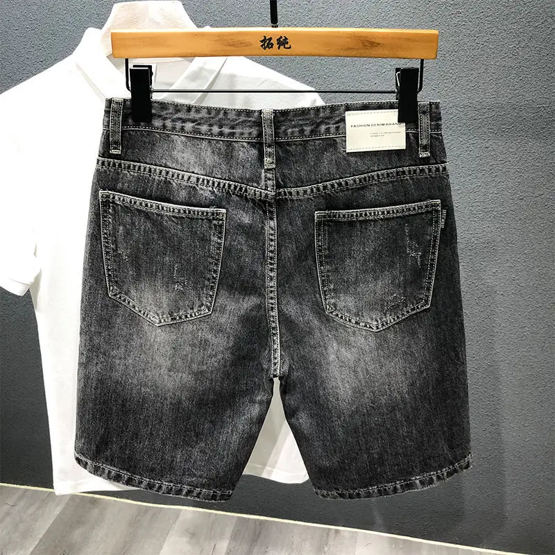 Harajuku New Casual Summer Short Jeans Ripped Hole Luxury Cargo Designer Knee Length Mens Denim Cotton Loose Black Grey Shorts