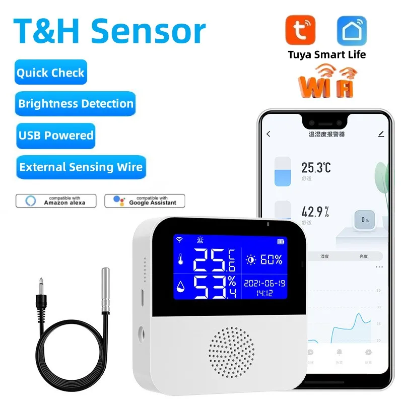 WiFi Temperature Sensor W/ External Probe For Tuya Temperature Humidity-Monitor