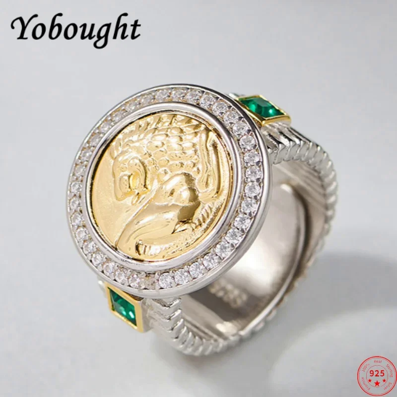 

S925 sterling silver rings for women men new fashion contrast colored ancient coin turning back lion inlaid zircon free shipping