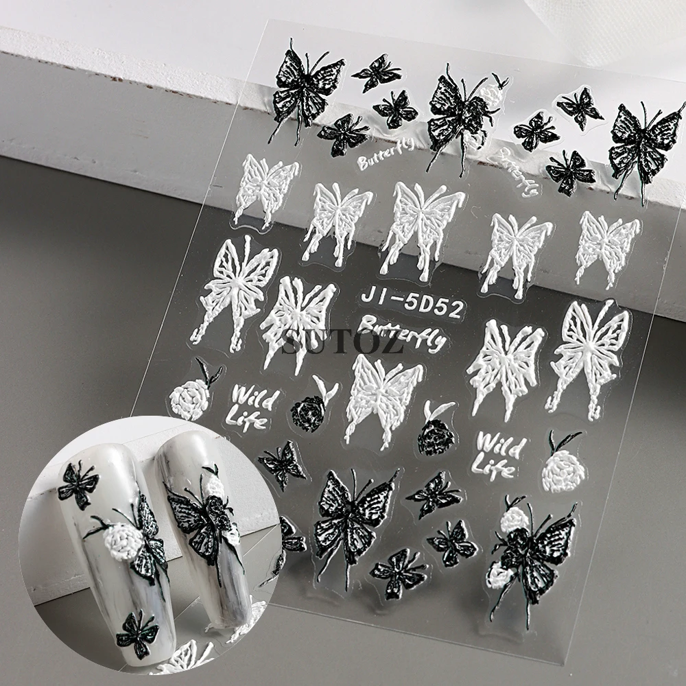 5D Embossed Black White Butterfly Nail Art Stickers Elegant Wedding Design Nail Decals Summer DIY Manicure Decoration NTJI-5D52