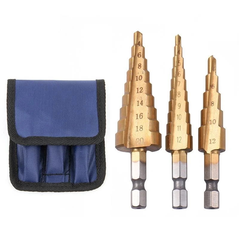 

3pc Hss Step Cone Taper Center Stepped Drill Bits Set Metal Hole Saw Cutter Metric 4-12/20/32mm 1/4" Ti Coated Metal Hex Tools