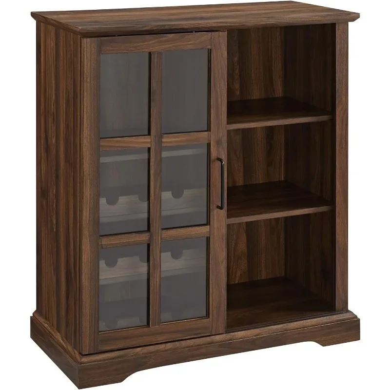 

Wood Sliding Glass Door Bar Cabinet Entryway Serving Wine Storage Doors Dining Room Console, 36 Inch, Dark Walnut/Slate Grey