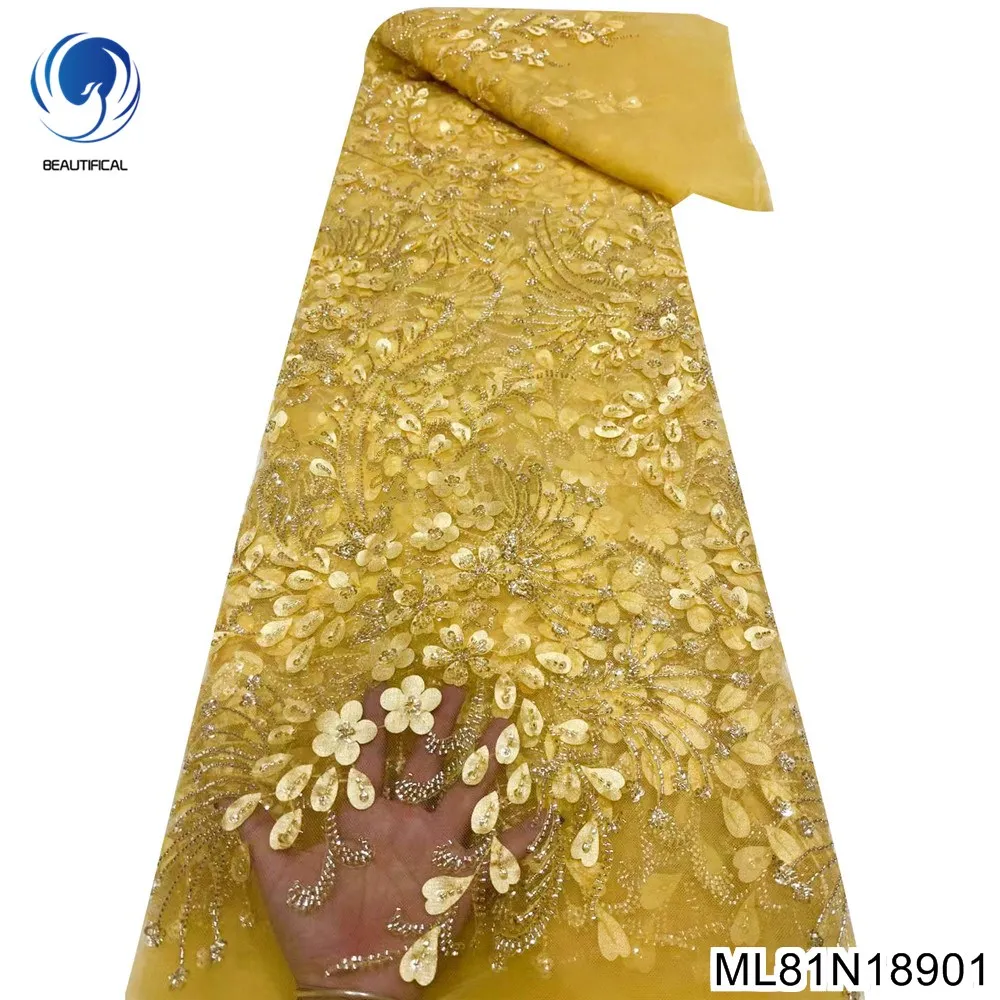 

New Arrival 3D Small Floral Sequins Lace Fabric Design with Hand Beaded Ornament 2023 Noble Gold for Big Occasion Dress ML81N189