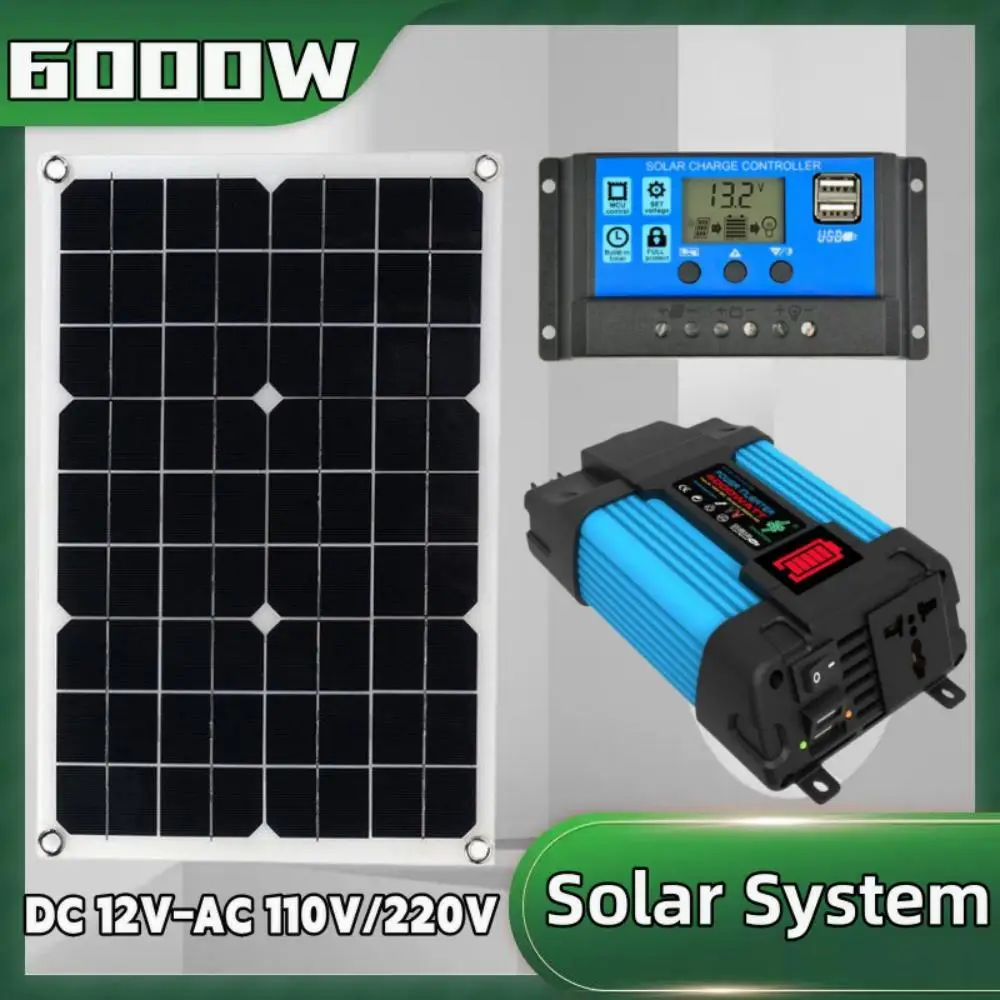 600W Solar Panel 6000W Inverter 12V To 110V/220V Solar Power Generation System Home Outdoor Car Mobile Phone Solar Charging