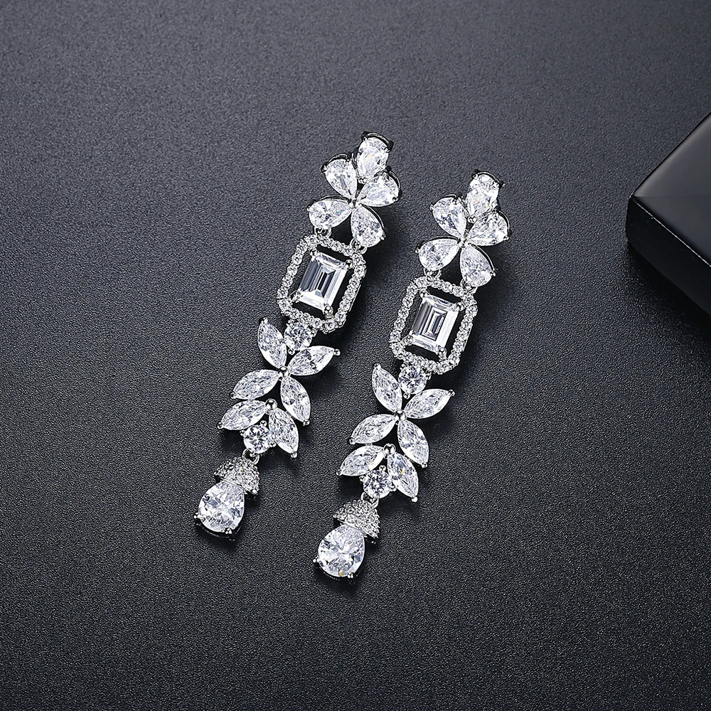 LUOTEEMI Luxury Bridal Wedding Zircon Long Earrings Cubic Zirconia Flower Earring Gorgeous Jewellery Accessories Party Gifts drop earrings,dangle earrings