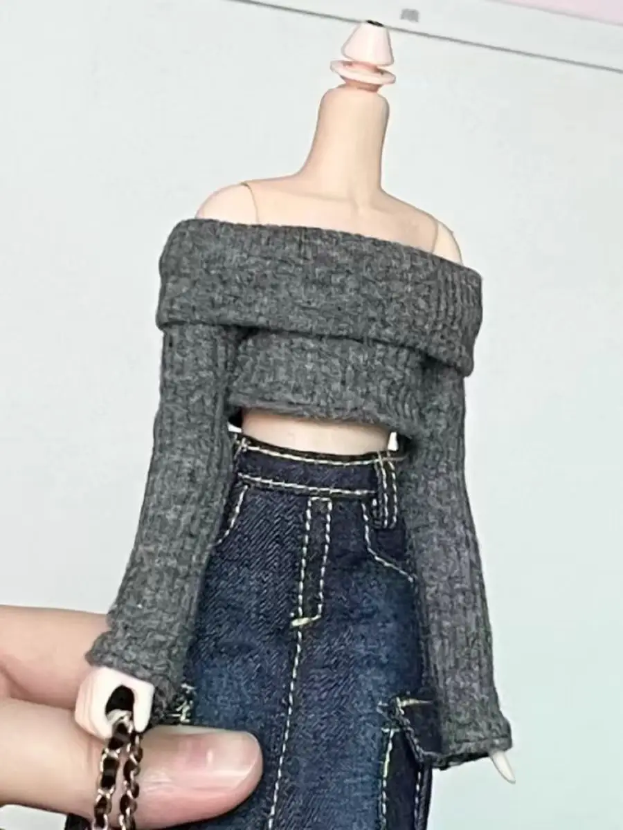 New Handmade Blythe Doll Clothes Off Shoulder Sweater Knit Tops and Split Denim Long Skirt Mini Dress for Blyth OB24 1/6 Dolls