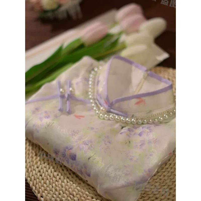 

White Retro Qipao Girls' Young Purple Improved Cheongsam Chi-pao Women's Summer 2023 Chinese Traditional Dress