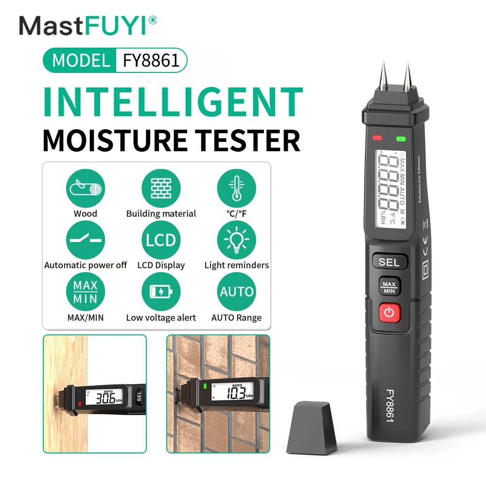 Focemta Vochtmeter analysediepte 20-40 mm, niet-destructieve meting met lcd- display, opbergtas voor metselwerk, muren, hout, gips, pleisterwerk