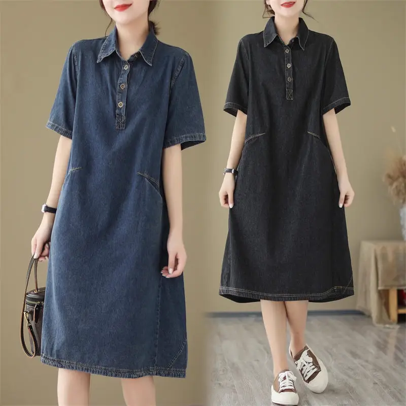 

Denim Dress Women Short Sleeve Casual Turn Down Collar Summer Fashion 2023 Vintage Jeans Vestidos Shirt Female Robes Z1639