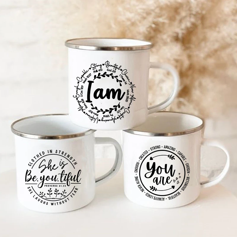 

I Am/you Are Strong Beautiful Christian Enamel Mugs Outdoor Travel Coffee Cup Drink Dessert Milk Vintage Handle Drinkware Gifts