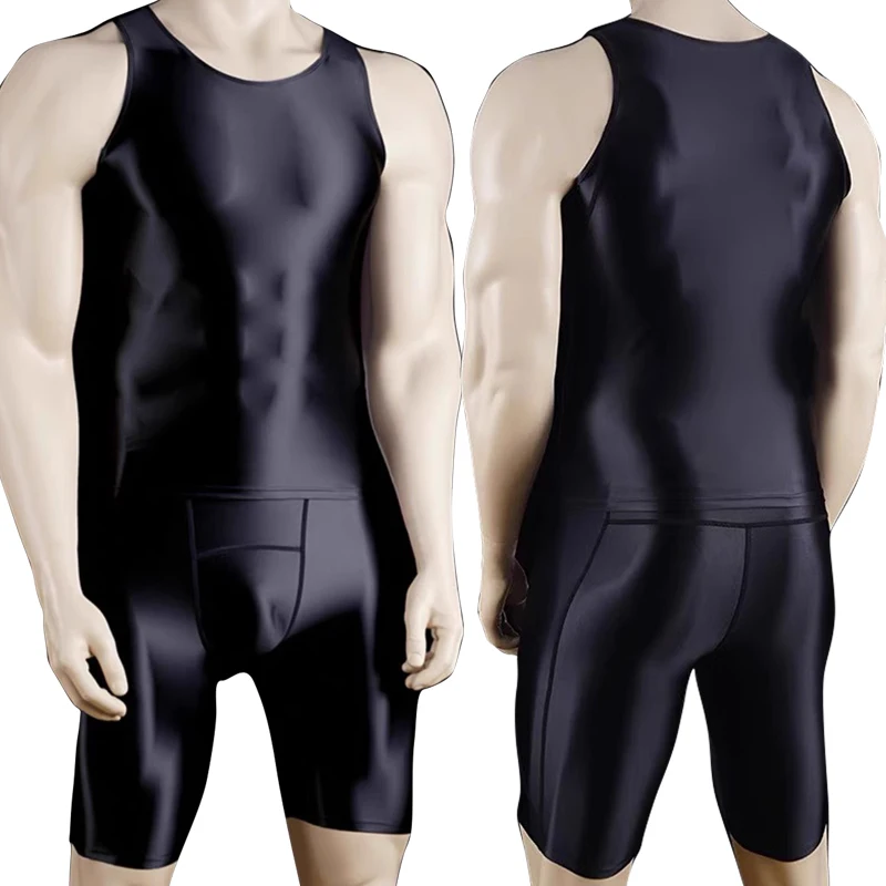 Men Fitness Pants Men Thin Fitness vest Tights suit Slim Bottoms Satin Glossy Leggings Streetwear Athletic Shorts Quick-drying Compression Pants