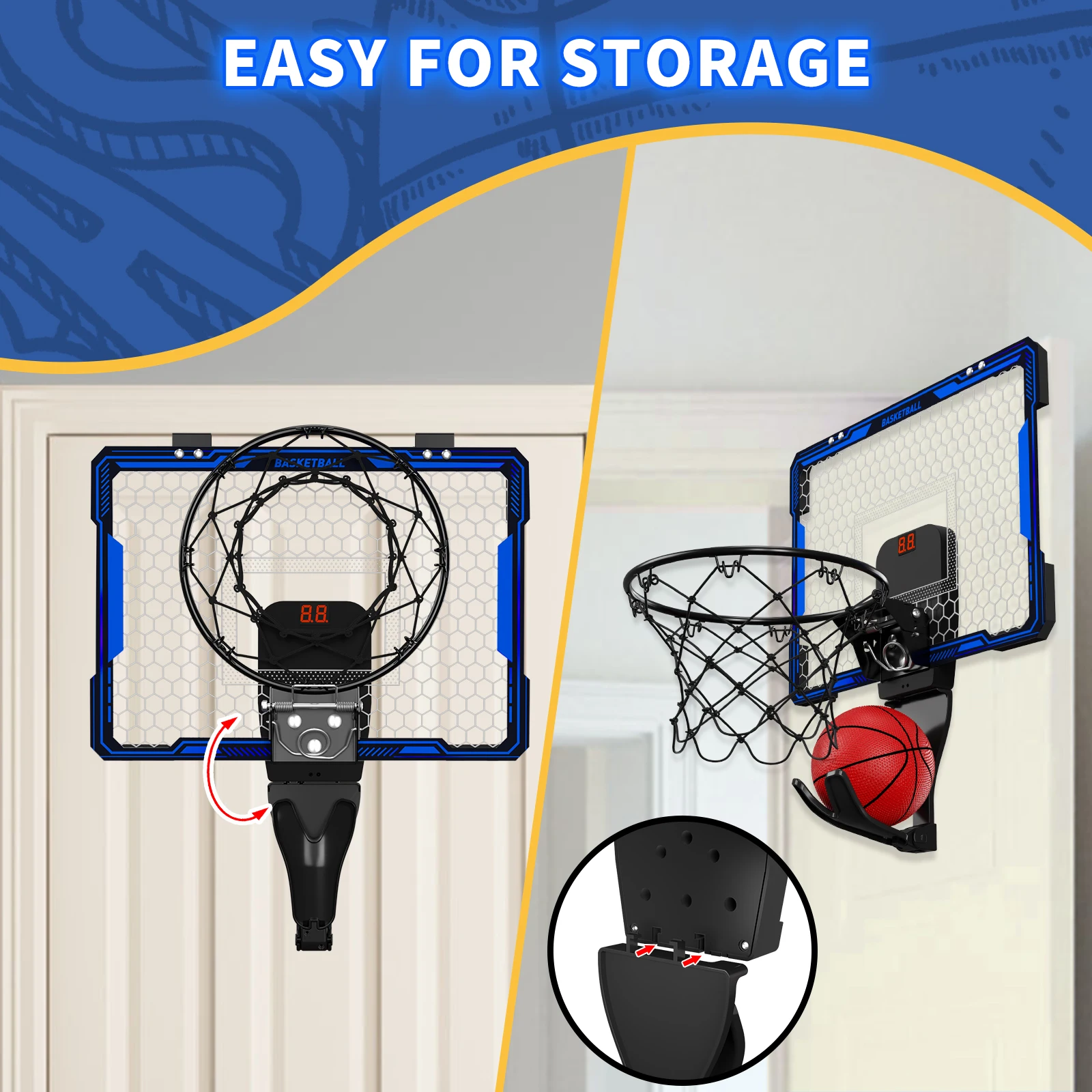 Remote Control Basketball Hoop Indoor with 7 LED Lighting, Over Door Basketball Hoop, Basketball Toys Gift for Kids, Adults
