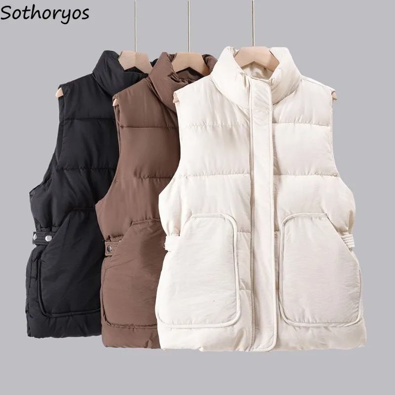 

Winter Vests Women Thicken Warm Casual Outwear Cozy High Street Pockets Simple Personal Zip-up Korean Style Gentle Females Chic