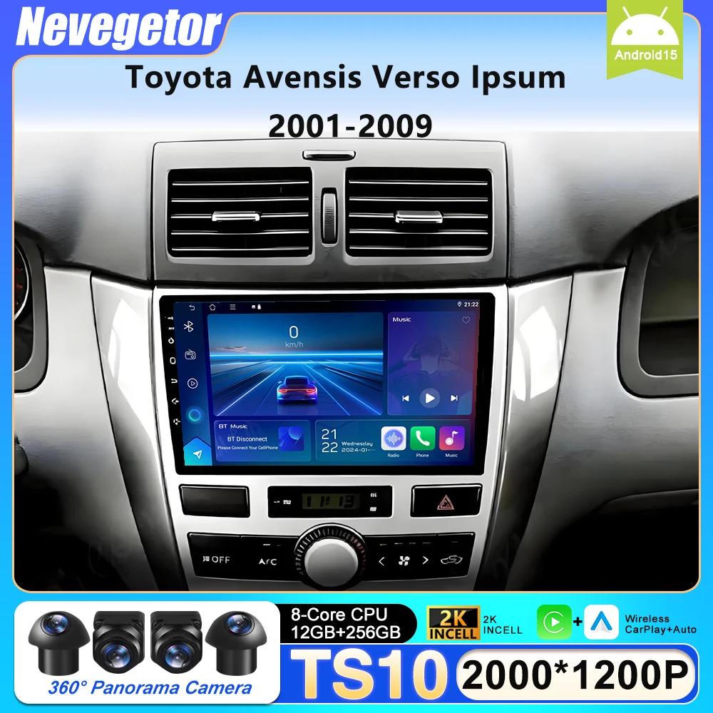 Navigatore GPS Senza 2din per Toyota Avensis Verso Ipsum 2001 - 2009, Schermo QLED, Lettore Multimediale da Cruscotto, Wifi, Senza Unità DVD 2din
