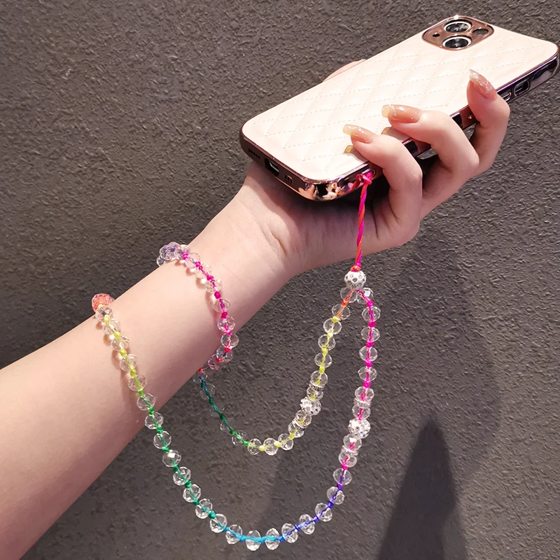 Long Crystal Beads Hanging Neck Chain Hand-woven Beaded Womens Colorful Rope Phone Case Anti-lost Lanyard Mobile Pho