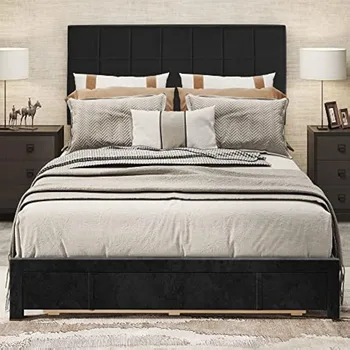 yitahome queen size bed frame with drawer, upholstered bed frame with storage, platform bed with velvet headboard, no box spring 6
